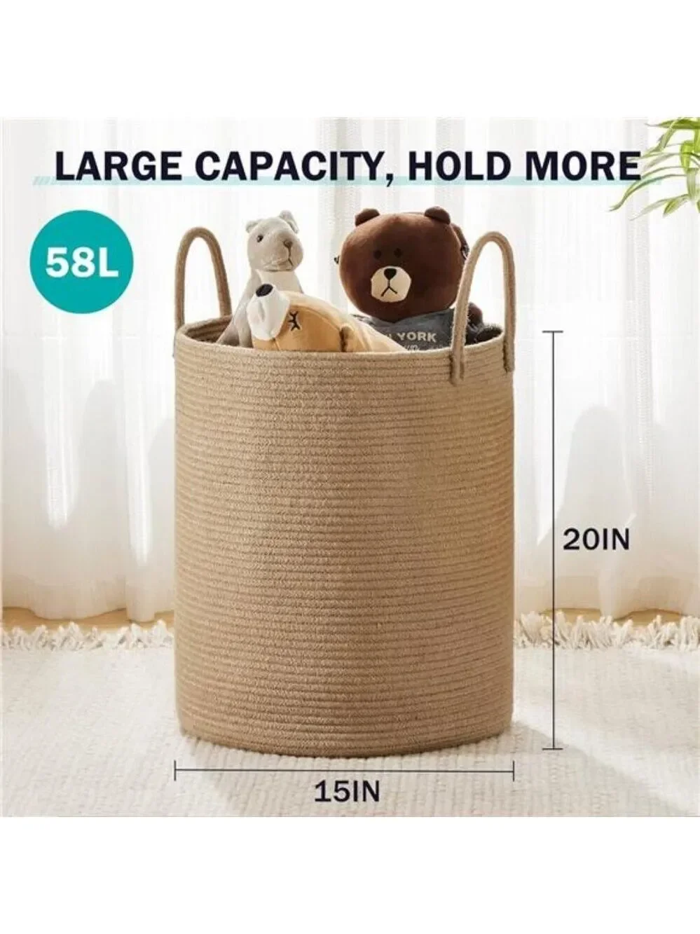 Large Jute Rope Laundry Basket 58L Tall Woven Hamper Storage for Bedroom